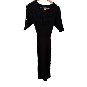 Venus‎ Women's XL Black Ribbed Knit Bodycon Midi Dress Button Detail